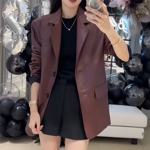 西服 半植鞣绵羊皮高级复古中长款 真皮西装 皮衣外套女2026春秋新款