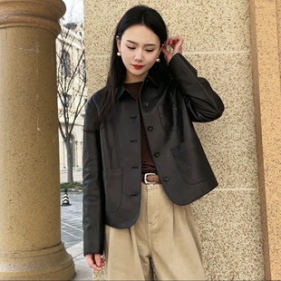 真皮皮衣女长袖 荔枝纹欧美范圆领轻薄显瘦女方领简约绵羊皮短外套