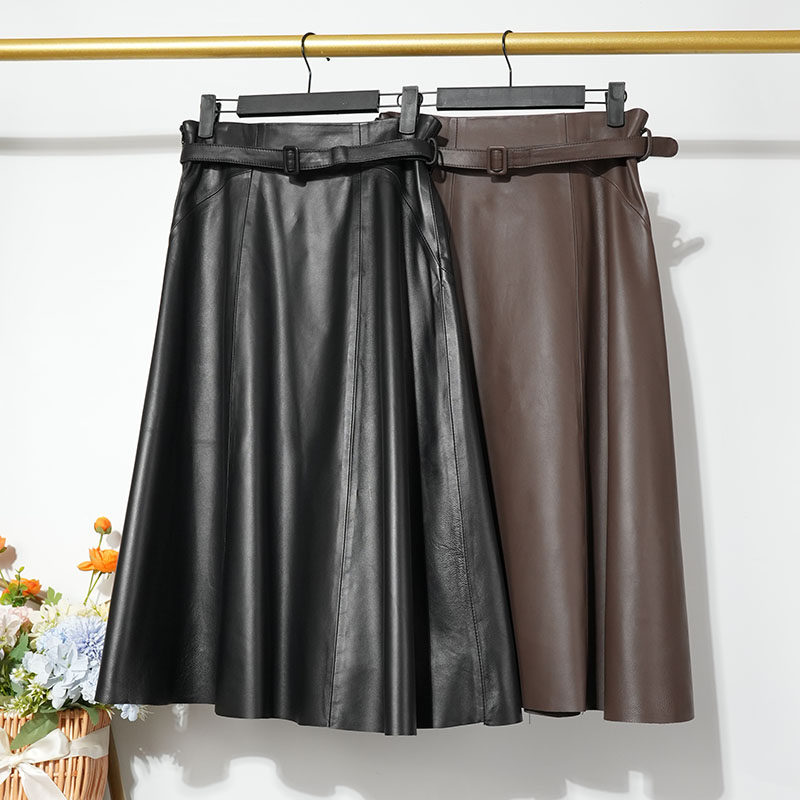 高级感系带真皮半身裙女士绵羊皮裙子2024秋季显瘦a字伞裙中长裙,女装/女士精品,半身裙,淘宝优惠券,粉丝福利购,淘宝优惠卷