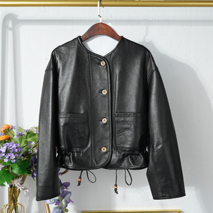 2025秋季懒人两面穿圆领真皮皮衣女士高级绵羊皮夹克显瘦宽松外套