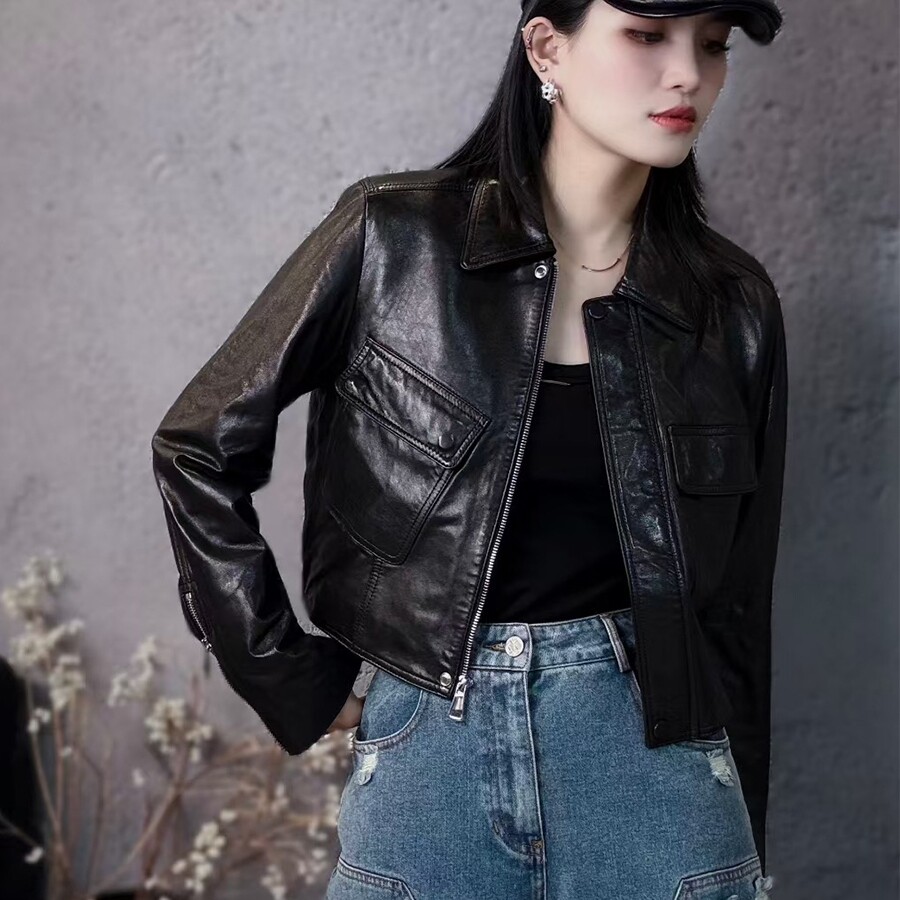 真皮皮衣外套女2026春秋新款大口袋设计感机车绵羊皮短款皮夹克潮