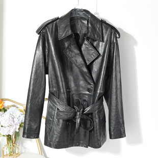 系带收腰双排扣真皮皮衣女士高级绵羊皮夹克显瘦遮肉外套 2025秋季