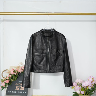 2026春季 小立领真皮皮衣女士高级绵羊皮夹克通勤休闲机车短外套