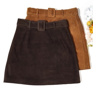 进口绒面小羊皮真皮皮裙女反绒皮绵羊皮半身裙2026春腰带A字短裙