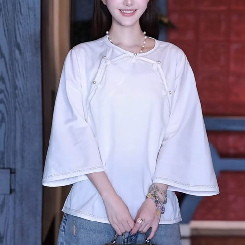 2026秋季新中式国风圆领绣花七分袖衬衫女士高级纯棉盘扣白色上衣