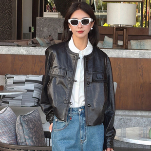 2026春季 机车短外套 圆领真皮皮衣女士高级绵羊皮夹克通勤休闲工装