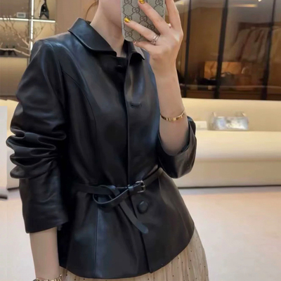 进口胎羊皮真皮皮衣头层绵羊皮娃娃领气质腰带收腰显瘦短款外套女