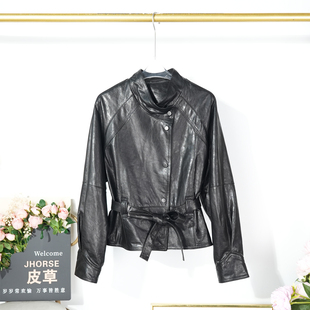 真皮皮衣女高级绵羊皮夹克2026春立领系带收腰显瘦通勤皮外套欧货