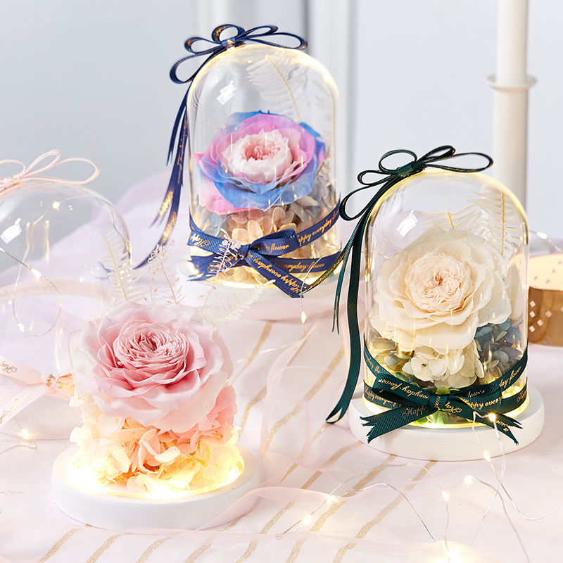 七夕情人节 创意礼物玻璃罩礼盒永生花玫瑰成品活动礼品七彩