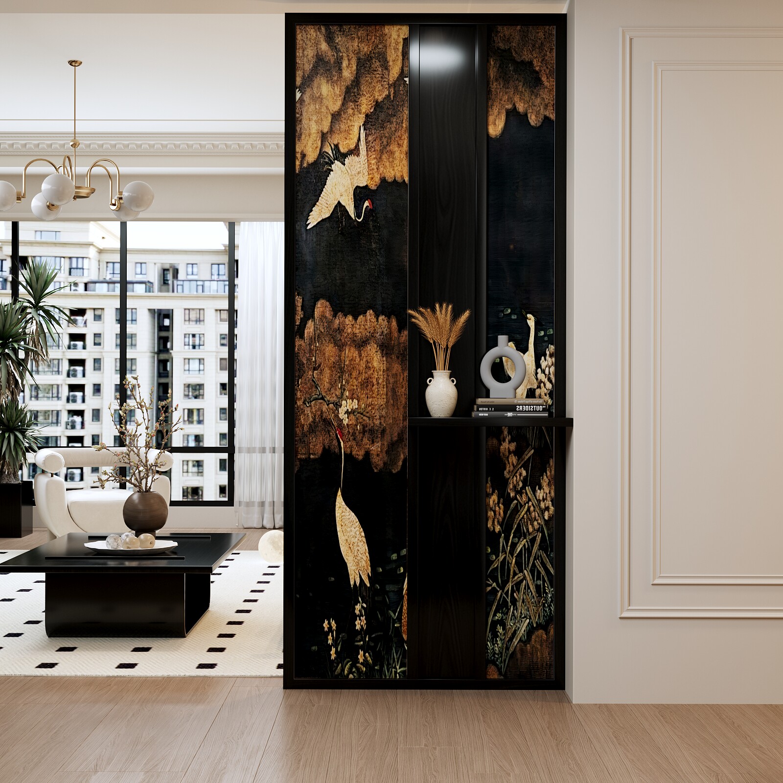 法式中古实木图案屏风隔断客厅餐厅入户玄关置物中式简约现代美式