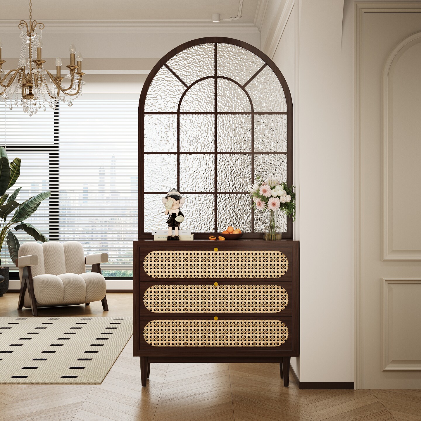 实木水纹玻璃法式中古美式入户屏风隔断客厅鞋柜玄关藤编家用遮挡