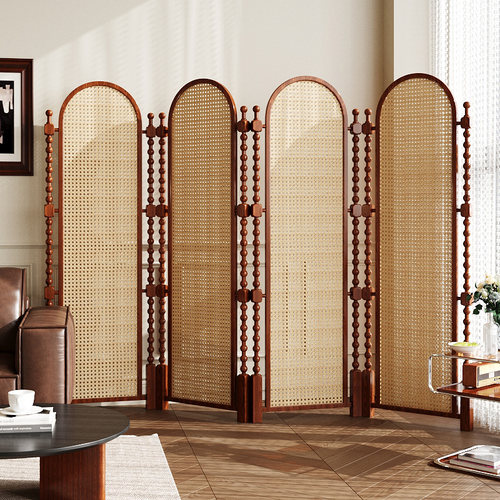 藤编屏风隔断客厅实木折叠移动餐厅折屏酒店中古简约家用复古办公