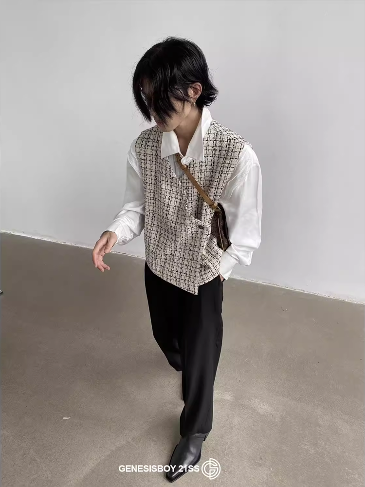 HOUNDSTOOTH 작은 향기로운 조끼 남자 틈새 셔츠 외부 작은 조끼 남자 패션 브랜드 하이 엔드 맞춤 조끼 여름