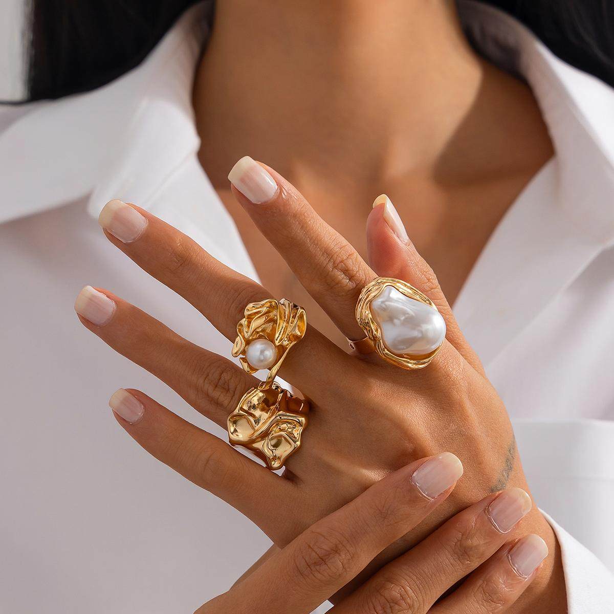 3件套巴洛克珍珠不规则戒指套装2025新款潮时尚百搭流苏小众指环