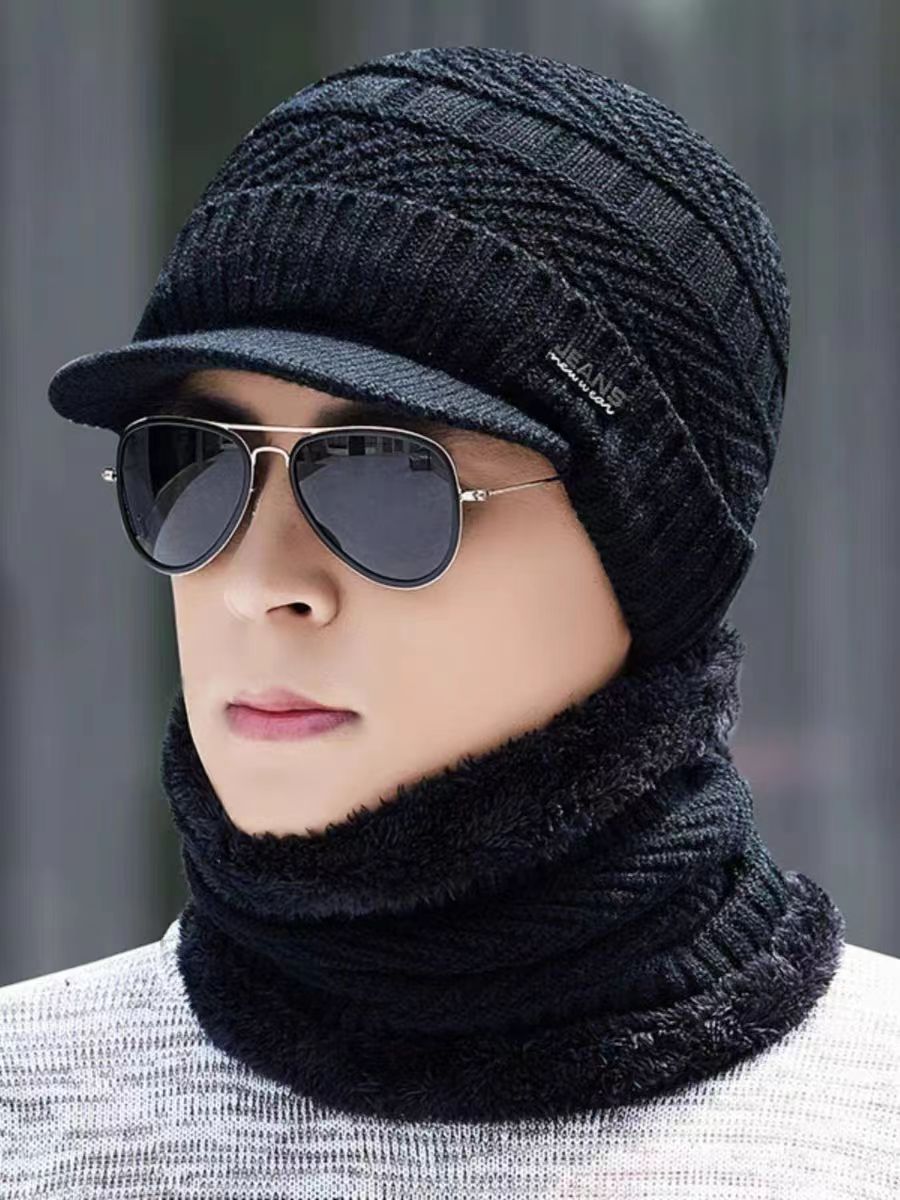 高尔夫球帽男士冬季毛线帽加绒保暖针织帽男款围脖冬天骑车防寒帽