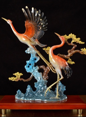 彩铜松鹤延年摆件双鹤迎客松摆件仙鹤拜寿送礼客厅玄关装饰品摆件