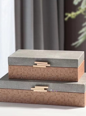 简约现代轻奢皮革几何纹装饰盒博古架洞石套装侘寂风高级感摆件