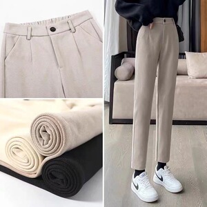 加绒加厚毛呢裤子女冬季保暖小脚西装裤显瘦高腰九分哈伦裤女裤子