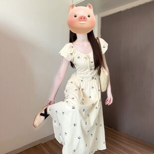 茶歇法式泡泡袖连衣裙女士夏季新款小个子收腰气质碎花长裙女裙