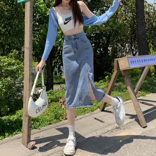 侧开叉牛仔半身裙女士夏季新款春季小个子高腰中长款梨形身材女裙