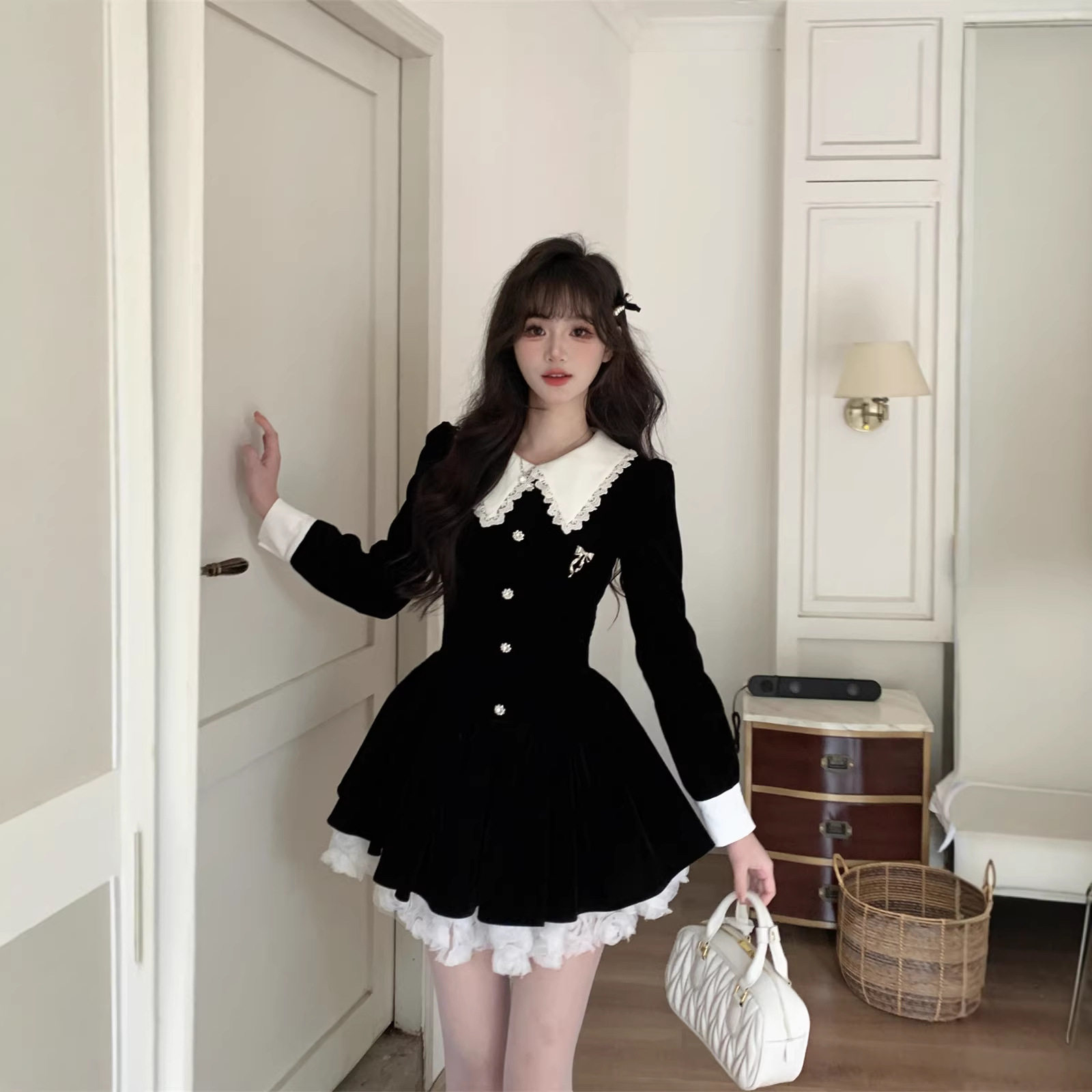 miu系富家千金黑色丝绒连衣裙女