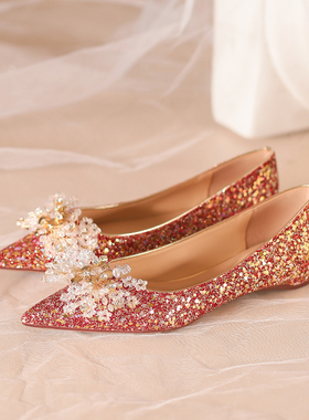 高级感水晶钻红色秀禾服婚鞋女2026新款平底新娘鞋女低跟孕妇可穿