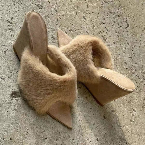 羊皮版~辣妹风复古毛毛露趾拖鞋