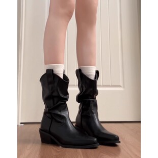 显瘦尖头粗跟短靴女2026秋冬新款 堆堆靴西部牛仔靴高跟马丁靴黑色