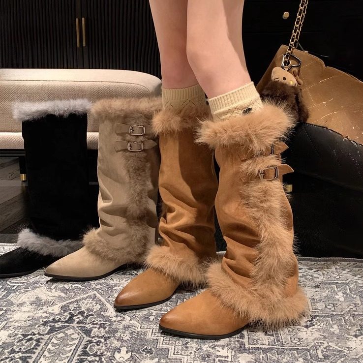 长筒雪地靴女加绒尖头高筒靴子2025秋冬季新款绒面毛毛保暖棉鞋女,女鞋,时尚雪地靴,淘宝优惠券,粉丝福利购,淘宝优惠卷