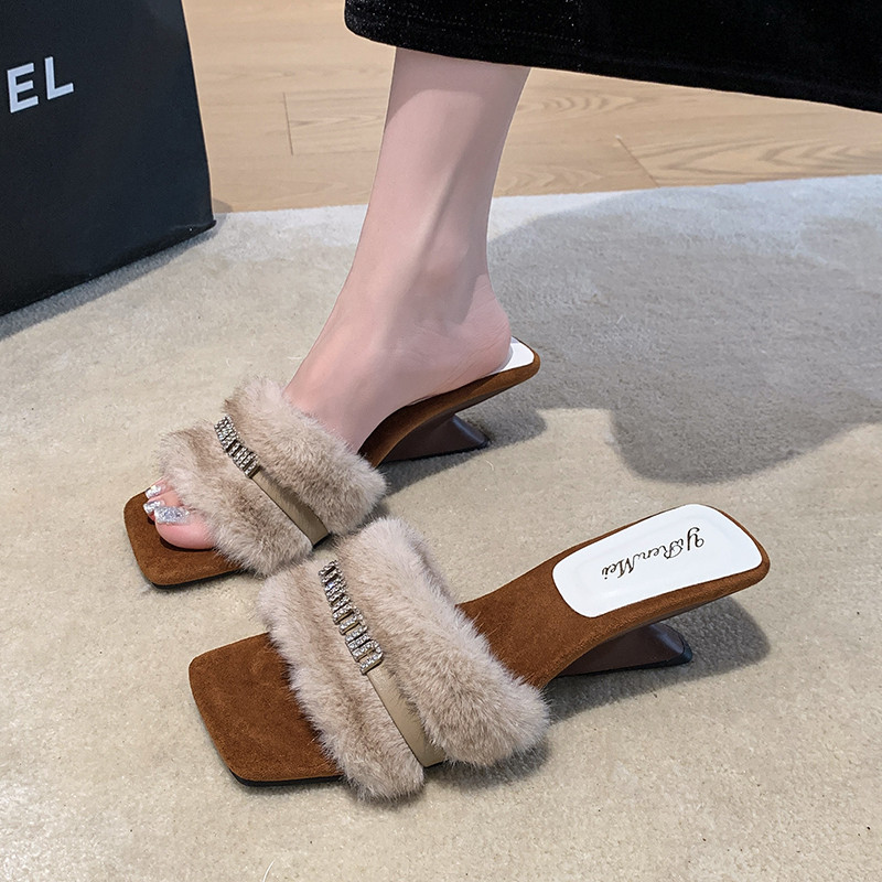 2025秋冬季新款毛毛拖鞋女高级感水貂毛一字拖鞋气质高跟拖鞋外穿,女鞋,一字拖,淘宝优惠券,粉丝福利购,淘宝优惠卷