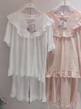 嘟俪女士纯棉睡衣LH42C4短袖短裤甜美公主蕾丝提花白色套装