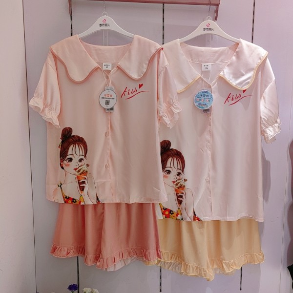 都市丽人正品LH31A3冰雪丝舒适凉感定位插画花瓣领开衫短款家居服