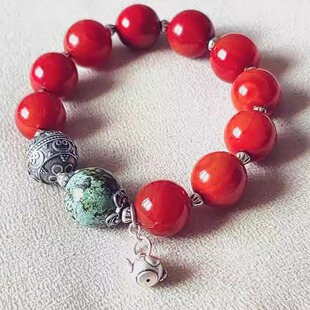 294中国风复古南红原矿绿松老银手链招财钱袋福袋弯管小众手链