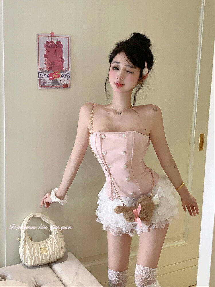 여름 여성 수트 스위트 핑크 튜브탑 청순한 러스틱 스타일 디자인 니치 슬림핏 탑 하이웨이스트 케이크 스커트