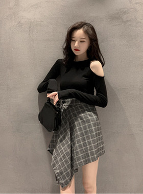 黑色长袖t恤女2020年新款韩版性感露肩上衣大码打底衫女秋冬内搭