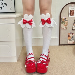蝴蝶结波点小兔中筒袜女兔耳朵花边袜lolita蕾丝小腿袜洛丽塔棉袜