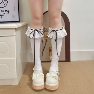 日系甜美蕾丝花边中筒袜女蝴蝶结系带小腿袜堆堆袜lolita袜百搭jk