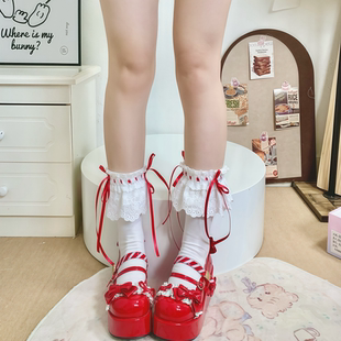 日系洛丽塔花边小腿袜女春秋款蝴蝶结蕾丝短袜lolita花边棉袜女