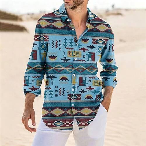 翻领印花系扣长袖衬衫Collar print buckle long sleeved T-shirt
