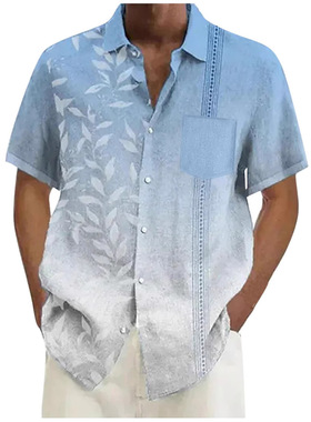 Men's collar printed button down shirt翻领印花系扣短袖衬衣男