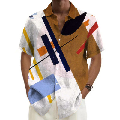 Color blocked collared short sleeved shirt拼色翻领短袖衬衫男