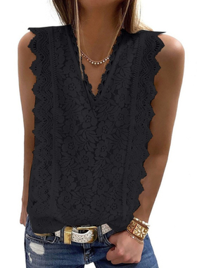 Women's V-neck Loose Lace Shirt Tank Top女装V领宽松蕾丝背心