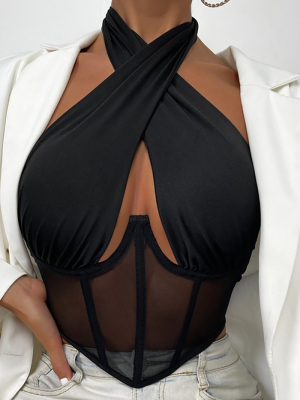 Mesh lace up women's neck wrap chest top网纱系带挂脖裹胸上衣