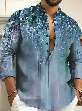 Stand up collar long sleeved printed top立领系扣长袖印花上衣