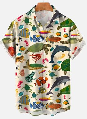 鱼印花翻领排扣衬衫Fish print collar buton down shirt for men