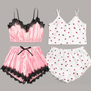 suspender Pink casual lace pajamas粉色蕾丝吊带睡衣女 shorts
