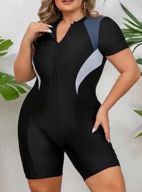 Color blocking waist cinching jumpsuit撞色收腰短袖连体泳衣女