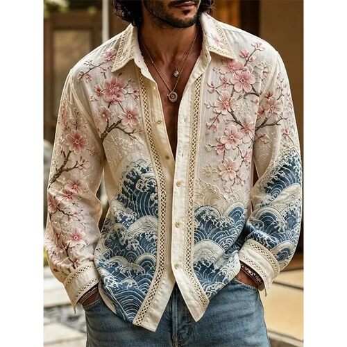 翻领印花长袖纽扣T恤 Flip collar printed long sleeved T-shirt
