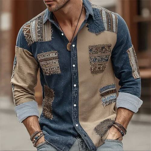 补丁印花单排扣翻领T恤男 Patch printed lapel T-shirt for men