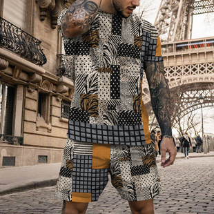 Men's patterned printed short sleeved set男花纹印花短袖套装